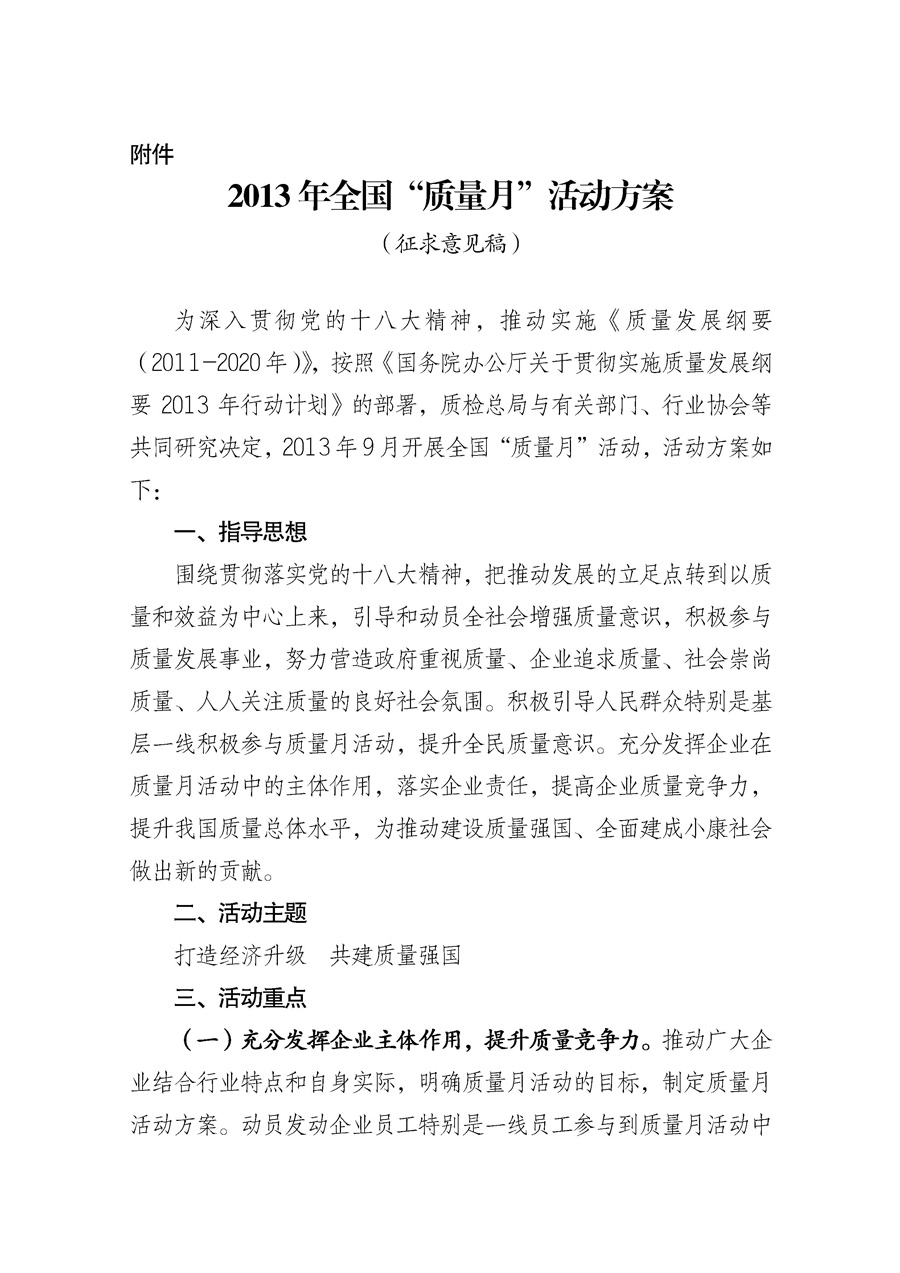 國家質(zhì)量監(jiān)督檢驗檢疫總局《質(zhì)檢總局辦公廳關(guān)于征求<2013年全國“質(zhì)量月”活動方案>意見的函》