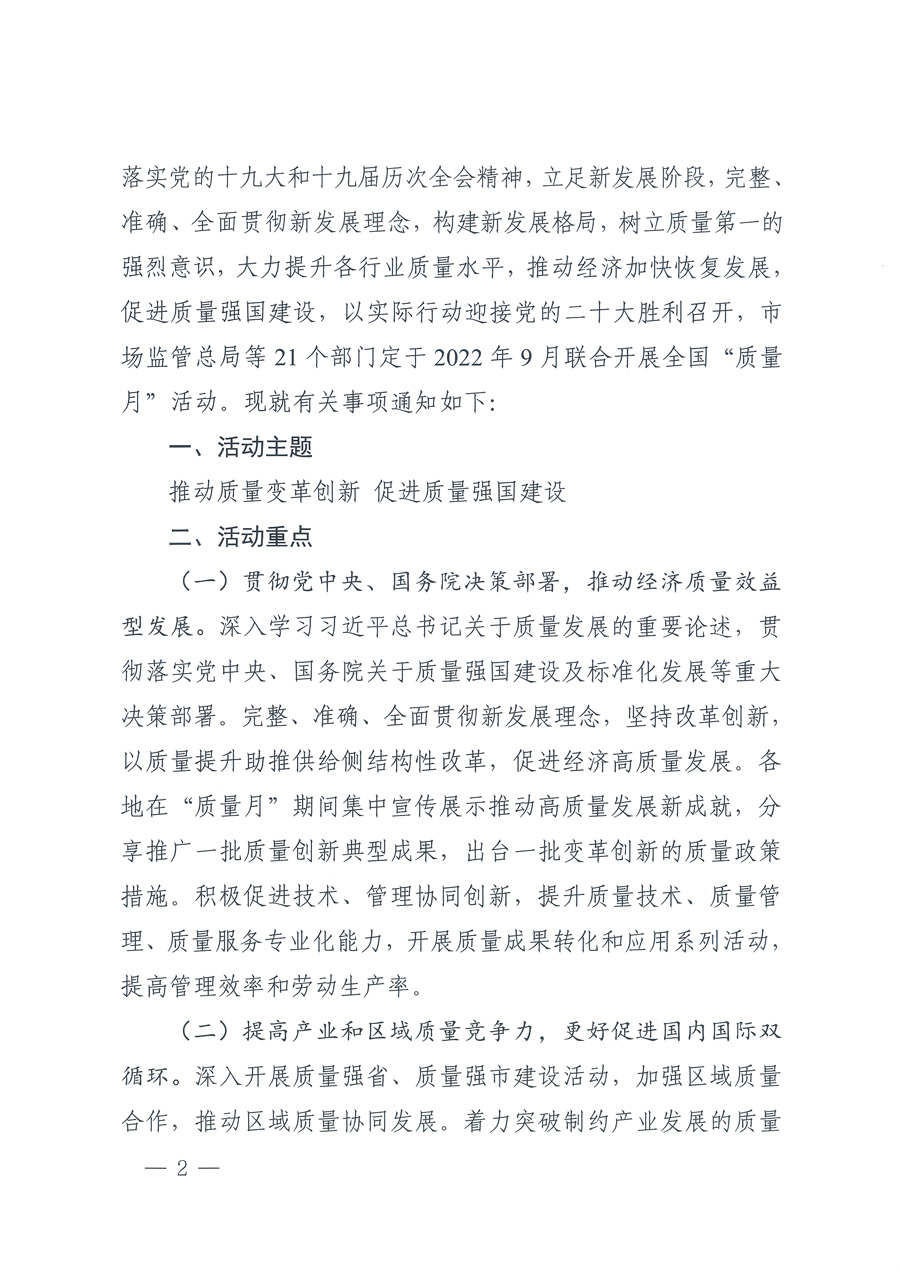 市場(chǎng)監(jiān)管總局等21個(gè)部委(部門)發(fā)文部署開展2022年全國(guó)“質(zhì)量月”活動(dòng)(國(guó)市監(jiān)質(zhì)發(fā)〔2022〕76號(hào))